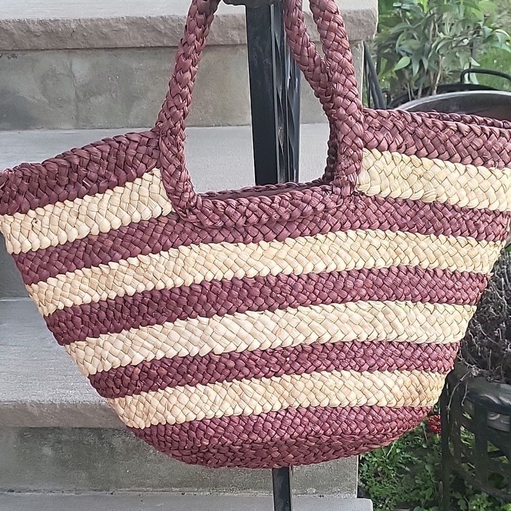 Straw Studios Woven Stripe Tote - Burgundy and Natural